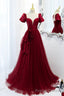 A Line Satin Tulle Long Prom Dresses, Burgundy Prom Dresses