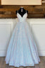 A Line Sequins Long Prom Dresses, White Formal Prom Dresses