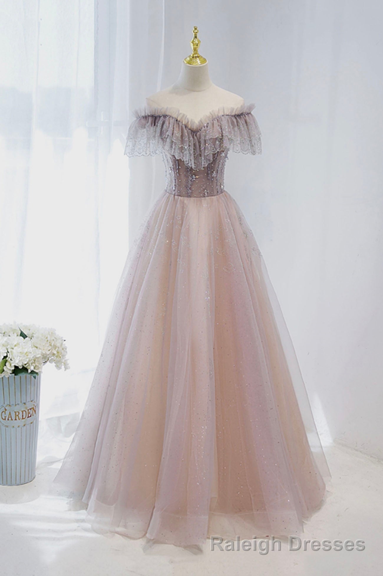 Pink Tulle Beaded Long Formal Dress, Pink V Neck Prom Dress – Raleigh