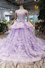 Lilac Ball Gowns Short Sleeve Prom Dresses with Long Train, Gorgeous Quinceanera Dress