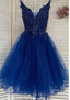 A Line V Neck Sleeveless Tulle Short Mini Homecoming Dress With Appliqued Beading Sequins