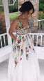 V-Neck Floral Embroidered Long Prom Dress