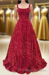 Red Sequin Square Neck Backless A-Line Long Prom Gown