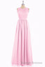 Pink Chiffon Halter Cutout Back A-Line Long Bridesmaid Dress