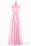 Pink Chiffon Halter Cutout Back A Line Long Bridesmaid Dresses