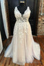 Ivory Appliques V Neck Backless A Line Long Wedding Dress