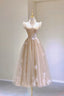 Champagne Lace Tea Length Prom Dresses, A Line Prom Dresses