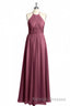 Mauve Chiffon Halter Backless A Line Long Bridesmaid Dresses