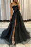 Black A Line Spaghetti Straps Prom Dresses with Slit, Sparkly Prom Gowns