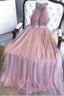 A Line Dusty Pink Prom Dresses Long Beading Formal Dresses