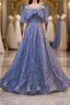 Unique Round Neck Tulle Lace Long Prom Dresses Blue Lace Prom Dresses