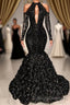 Black Keyhole Cool Shoulder Mermaid Flowers Prom Dress