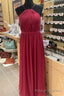 Red Chiffon Halter Backless A Line Long Bridesmaid Dress