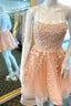 Peach Appliques Lace-Up Back A Line Short Prom Dress