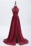 High Neck Burgundy Chiffon A Line Long Bridesmaid Dresses