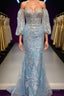 Light Blue Off-Shoulder Floral Appliques Mermaid Long Prom Dresses