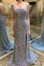 Double Straps Lace-Up Sequins Prom Dresses Long with Slit