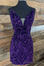 Purple Sequin Plunge V Lace-Up Short Prom Dress