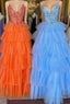 Multi-Tiered Lace Beaded V Neck Long Prom Dresses