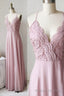 Pink Chiffon Lace Long Prom Dresses, V Neck Spaghetti Strap Prom Dresses
