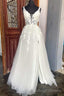 White Floral Lace Backless A Line Wedding Dress with Slit
