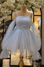White Cold Shoulder Straps Puff Long Sleeves Homecoming Dresses