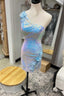 Light Blue Sequin One Shoulder Flowers Short Prom Dress