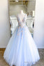 Blue V Neck Tulle Lace Long Prom Dresses, Elegant Blue Formal Dresses