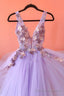 Purple V Neck Tulle Lace Long Prom Dresses, A Line Prom Dresses