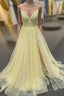 Light Yellow Deep V Appliques Long Prom Dress with Slit
