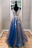 Blue Tulle Long Prom Dresses, V Neck Prom Dresses with Lace Applique