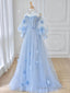 Blue Tulle Lace Long Prom Dress, Blue Tulle Lace Long Prom Dress