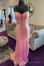 Pink Sequin Split Neck Mermaid Long Prom Gowns