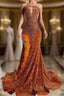 Mermaid Style Burnt Orange Sequins Prom Dress with Side Slit Long Length Beadings and Feathers