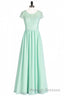 Sage Green Lace and Chiffon Cap Sleeve A-Line Long Bridesmaid Dress