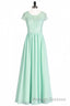 Sage Green Lace and Chiffon Cap Sleeve A Line Long Bridesmaid Dresses
