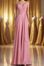 Pink V-Neck Lace-Up Long Bridesmaid Dress