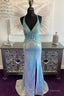 Blue Iridescent Sequin V Neck Lace-Up Back Mermaid Long Prom Dress