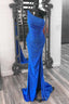 Blue Beaded One Shoulder Ruched Long Formal Dress with Slit