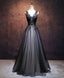 Black V Neck Tulle Lace Applique Long Prom Dress, Black Prom Dress, 1