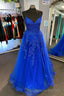 Royal Blue Appliques Deep V Neck Lace-Up A Line Tulle Long Prom Dress