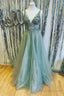 Mint Green Beaded V Neck Backless A Line Prom Dress