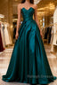 Simple Blue Satin Strapless Prom Dresses