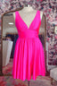 Hot Pink Deep V Neck A Line Satin Homecoming Dress