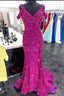 4 Fuchsia Sequin Prom Dress Cold-Shoulder Mermaid Prom Dresses Long