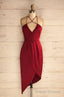 Sheath Halter Asymmetrical Dark Red Satin Homecoming Dress
