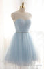 A Line Jewel Light Blue Tulle Short Homecoming Dress 2026 with Beading Pleats