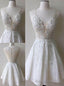A Line Deep V Neck White Lace Short Homecoming Dress with Appliques Beading