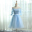 A Line Off the Shoulder Half Sleeves Light Blue Tulle Homecoming Dress 2026 with Appliques