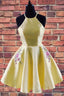 Halter Embroidered Yellow Homecoming Dress with Pockets